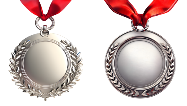 silver medal on red ribbon isolated on transparent png background