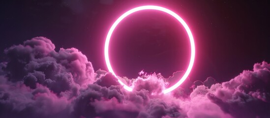 Neon lights in the shape of a circle surrounded by clouds. 3D rendering concept.