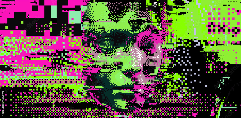 Poster glitched and pixelated silhouette of a 3d human head on a dark background. conceptual vector illustr