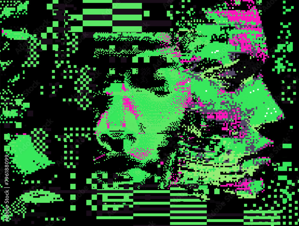 Poster Screen with neon pixel glitches and flickers. Concept vector illustration of a broken or malware program.
