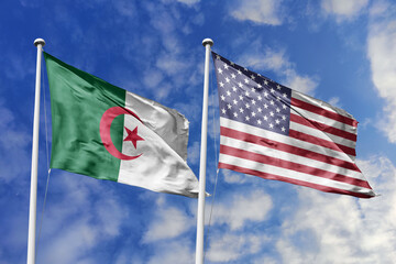3d illustration. Algeria and United States Flag waving in sky. High detailed waving flag. 3D render. Waving in sky. Flags fluttered in the cloudy sky.