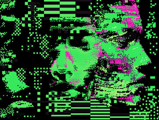 Screen with neon pixel glitches and flickers. Concept vector illustration of a broken or malware program.