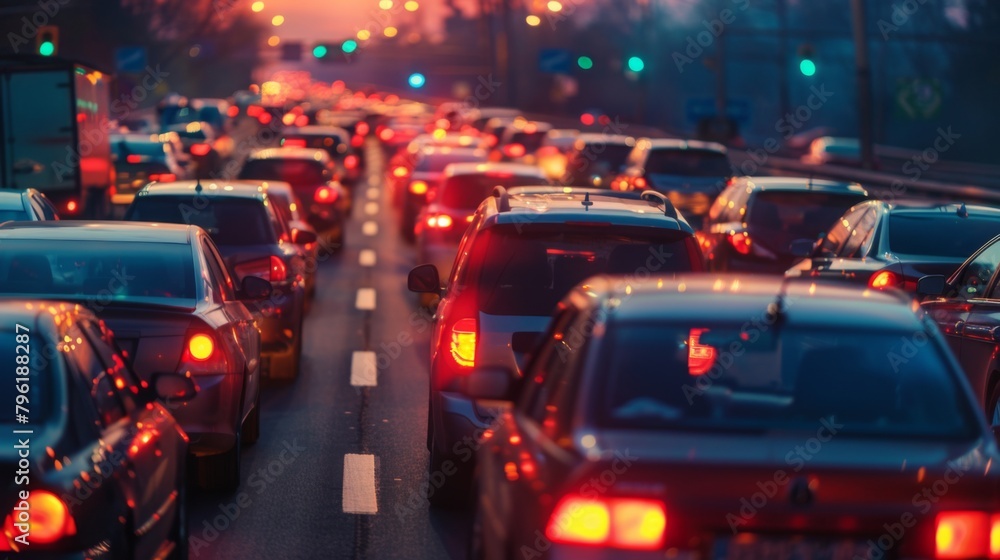 Poster a sea of brake lights stretching into the distance on a congested highway, symbolizing stalled progr