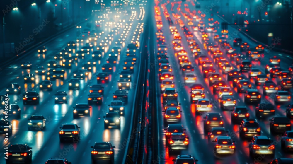 Poster a sea of brake lights stretching into the distance on a congested highway, symbolizing stalled progr