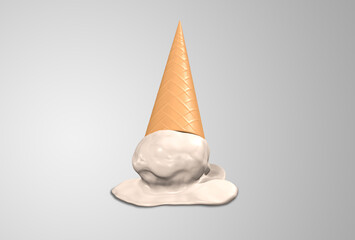 Vanilla ice cream cone melting and dropped onto the floor. 3D rendering Image.	