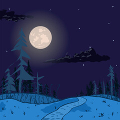 Illustration of the background of the road in the night forest under the moon. . Vector illustration of clear sky and round moon among stars. Background illustration creepy for games or banner insert
