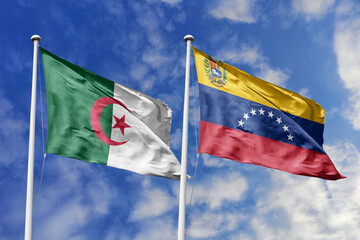 3d illustration. Algeria and Venezuela Flag waving in sky. High detailed waving flag. 3D render. Waving in sky. Flags fluttered in the cloudy sky.