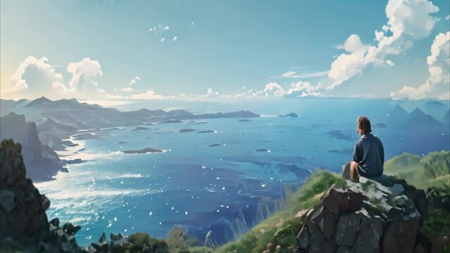video someone sitting on a rock looking at the sea view