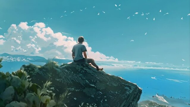 video someone sitting on a rock looking at the sea view