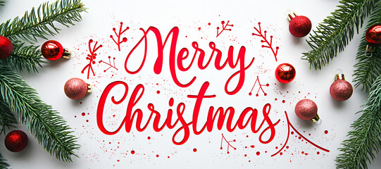 Christmas illustration with the inscription "Merry Christmas" and a Christmas composition on a white background. Christmas banner with fir branches and Christmas balls. View from above.