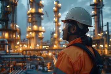 A worker in a refinery showcasing the future of electrical engineering. Concept Electrical Engineering, Industrial Innovation, Future Technology, Refinery Worker, Innovative Solutions