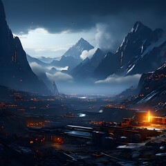 Futuristic Mountain City. Nature background images. Serene mountains images.