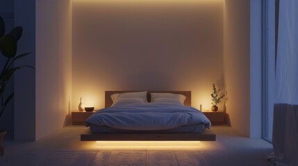 A serene bedroom oasis with minimalist decor and soft lighting, featuring a plush bed and unadorned walls for a peaceful and restorative sleep environment.