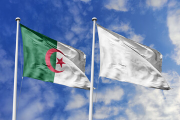 3d illustration. Algeria and  White (null) Flag waving in sky. High detailed waving flag. 3D render. Waving in sky. Flags fluttered in the cloudy sky.