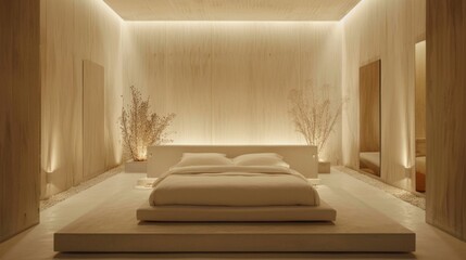 A serene bedroom oasis with minimalist decor and soft lighting, featuring a plush bed and unadorned walls for a peaceful and restorative sleep environment.