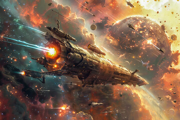 Space Battle.  Generated Image.  A digital rendering of a space battle involving spaceships, planets, nebulae and stars.