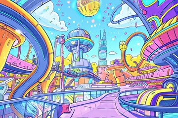 Cartoon cute doodles of a futuristic amusement park featuring gravity-defying rides, holographic shows, and virtual reality experiences, Generative AI