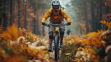 A young man was riding a bicycle in the forest