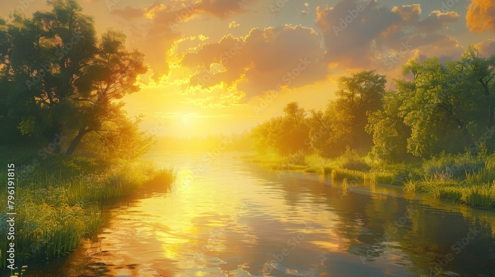 Poster a serene countryside scene as the sun rises over a tranquil river, casting a golden reflection on th