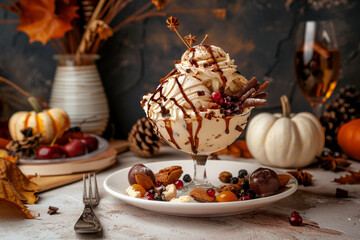 Thanksgiving dessert scene with pumpkin spice ice cream and autumn-themed treats, warm and inviting setting
