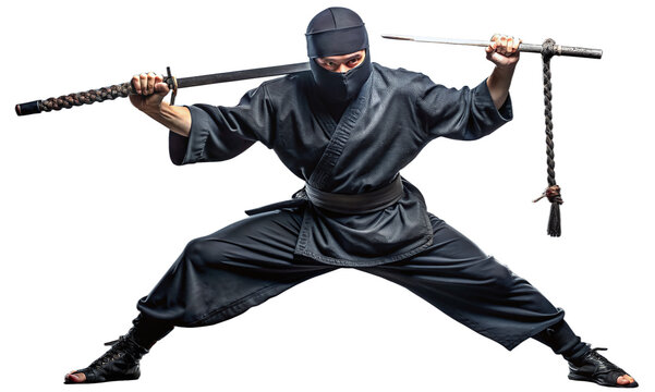 ninja warrior armed and masked with swords in fighting stance