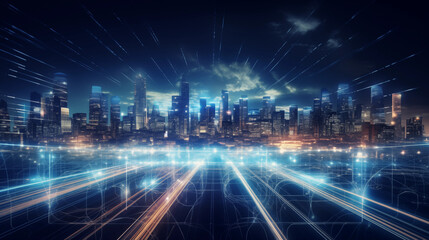 city skyline at night, futuristic tech city 