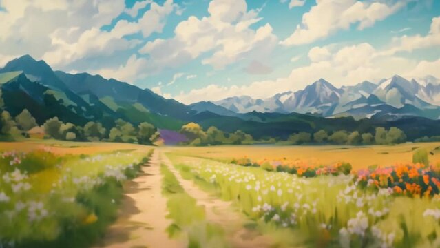 video rural road with flower fields and mountains