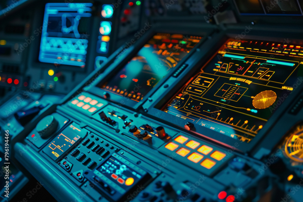 Poster the complex interface of a spaceships control panel glowing with indicators of a journey beyond the 