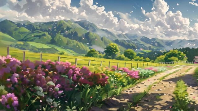 video rural road with flower fields and mountains