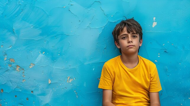 Thoughtful young boy in yellow shirt against blue textured background - Powered by Adobe