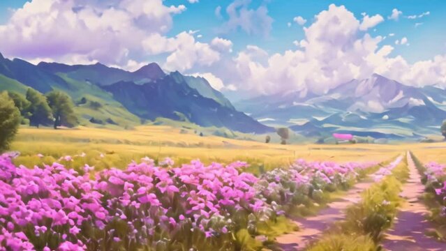 video rural road with flower fields and mountains