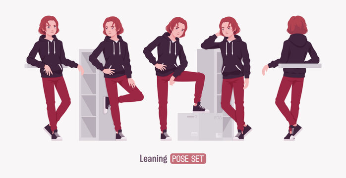 Young hoodie wear guy stand leaning pose set. Cute active man wearing basic casual look red jeans, male street style everyday sneakers, cool long hairstyle of ruby wine dye color. Vector illustration