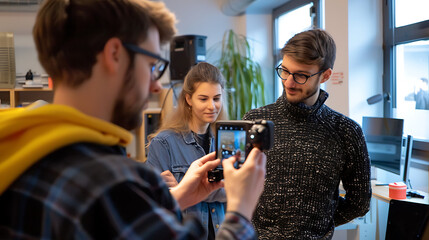 Image of the team in action at their office, depicted in a modern, candid style with a smartphone camera