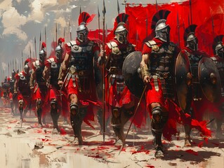 Oil painting 300 Spartan Warriors Holding a spears, swords, and shields