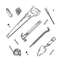 set of building construction and carpentry tools editable vector line art