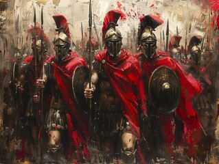 Oil painting 300 Spartan Warriors Holding a spears, swords, and shields