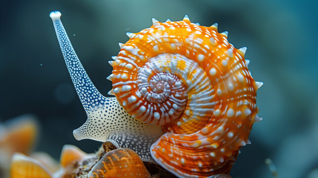 Vibrant orange sea snail shell against a tranquil underwater backdrop.	
