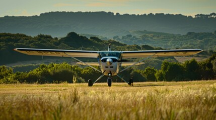 A small recreational aircraft taking off from a grass airstrip in the countryside, its pilot...