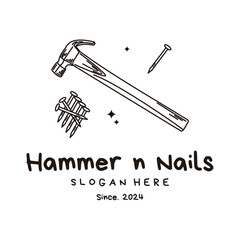 Hammer and Nail Retro Vintage Line Art Logo Design