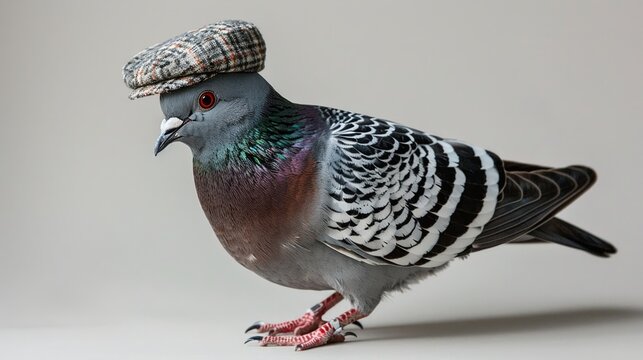 Plucky pigeon in a sports cap struts with swagger across white