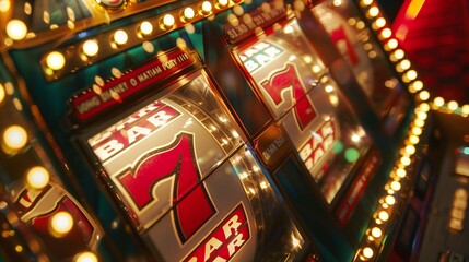 Close-up view of a vibrant slot machine with spinning reels showing BAR and 7 symbols illuminated by lights.