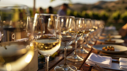 Elegant outdoor dining set with sunlit wine glasses