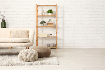 Interior of modern living room with shelving unit, sofa and poufs