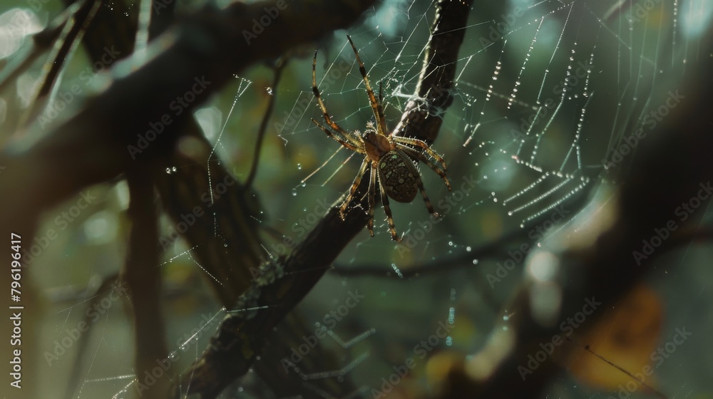 Poster a spider spinning its delicate web between tree branches, patiently waiting for prey to ensnare
