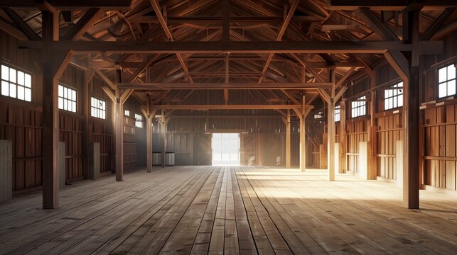 Spacious interior of an empty wooden barn with sunlight streaming through windows.