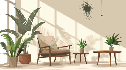 Soft armchair and wooden tables with houseplants 