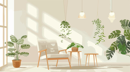 Soft armchair and wooden tables with houseplants 