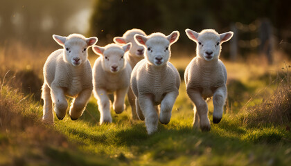 Sun kissed lambs frolic in lush meadow 