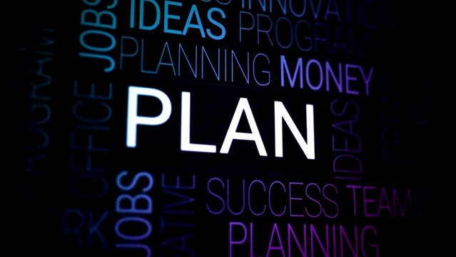 Business plan abstract text animation on black background for presentation, backdrop