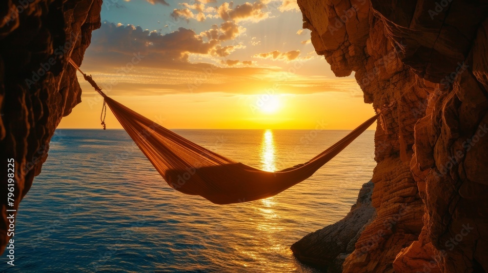Poster a hammock hanging between two towering cliffs with the vast expanse of a sunsetlit ocean as the back